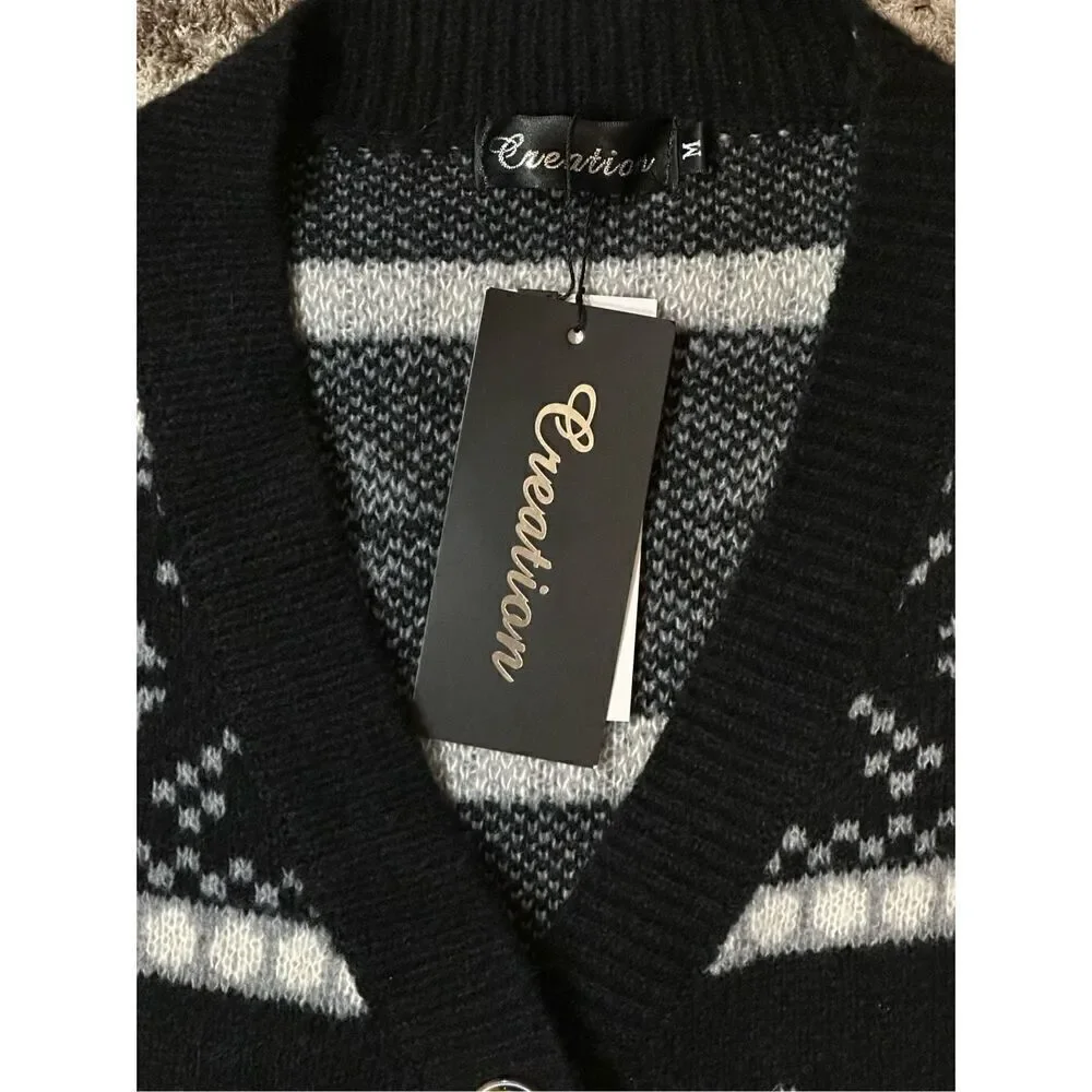 Creation black winter soft reindeer wool blend cardigan M new